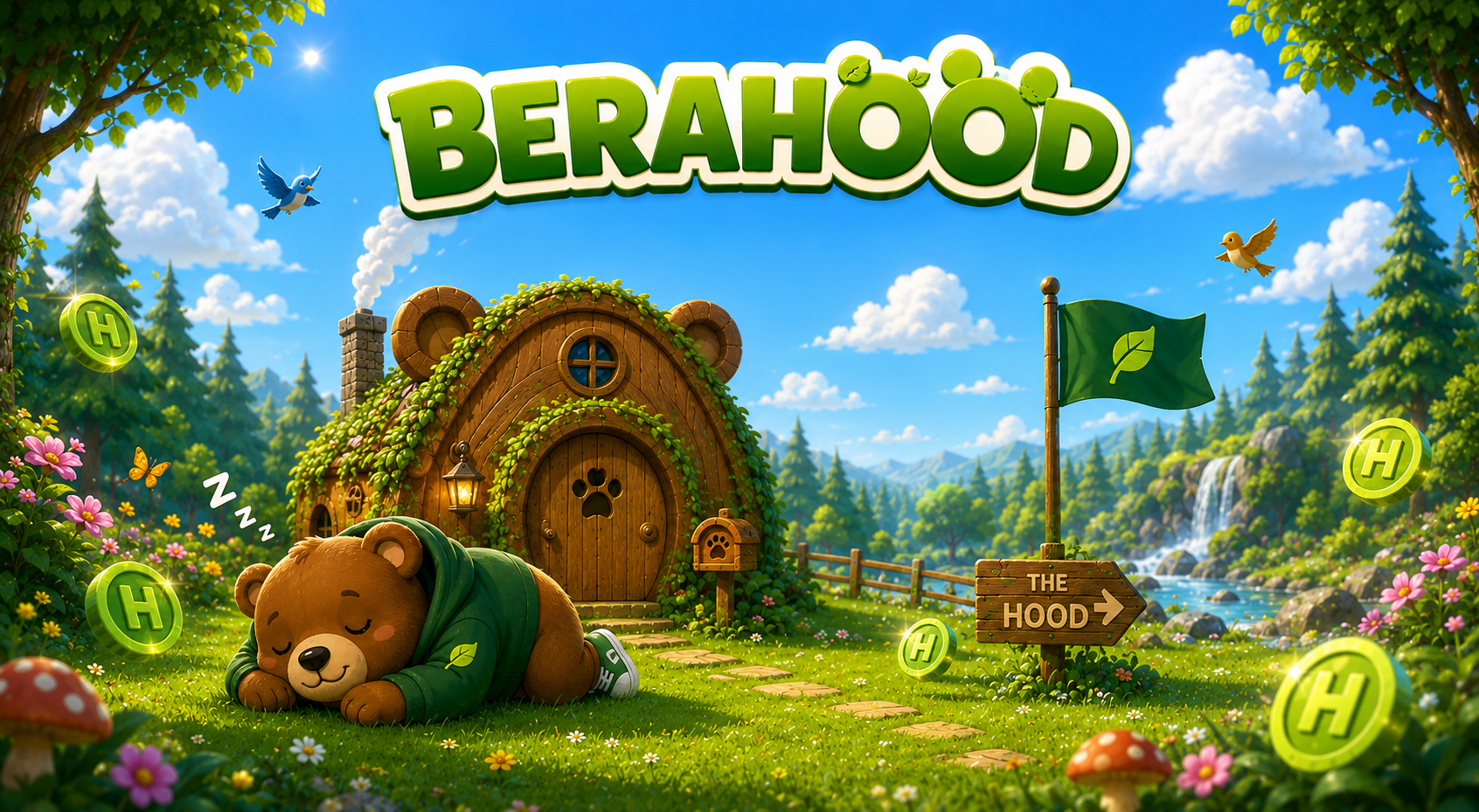 BeraHood — a sleeping bear outside a cozy bear-shaped house in a green forest